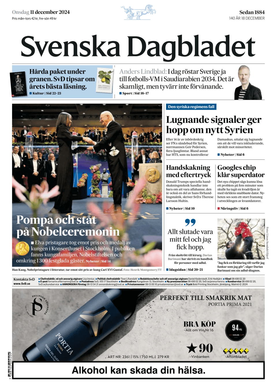 Prima-pagina-Svenska Dagbladet-edizione-di-oggi-20241211